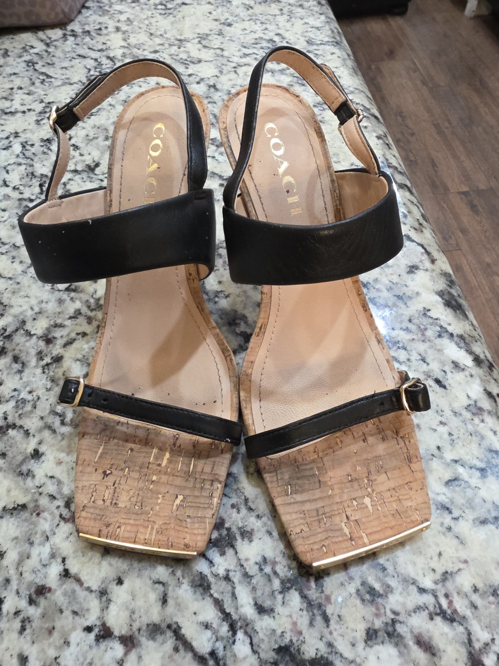 Coach Black Leather Cork Square-Toe Heel Sandals with Gold Trim